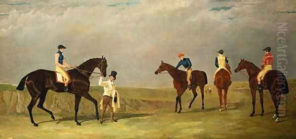 Preparing to start for the Doncaster Gold Cup, 1825, with Mr. Whitaker's 'Lottery', Mr. Craven's 'Longwaist', Mr.Lambton's 'Cedric' and Mr. Farquharson's 'Figaro' - view 1