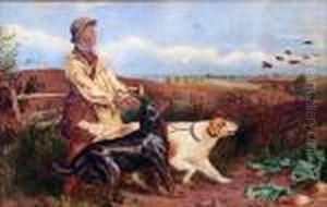 The Game Keeper, With Young Male
 Figure Holding Two Retrievers With A Covey Of Partridges In Flight In 
The Distance