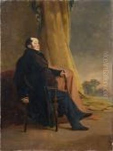 A Portrait Of James Aspinall, Seated, With Curtained Landscape Beyond by Richard Ansdell