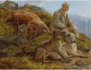 Gillie And Deerhounds At The End Of The Day In The Scottish Highlands