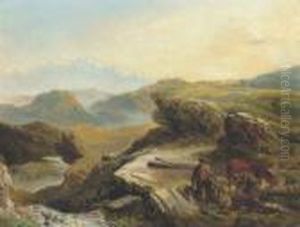 Highland Landscape With Figures Logging In The Foreground