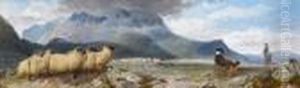 Sheep And Shepherd In A Highland Landscape by Richard Ansdell