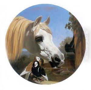 An Arabian Drinking with Pouter Pigeons at Trough by John Frederick Herring Snr