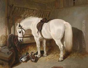 A grey pony in a stable with ducks by John Frederick Herring Snr