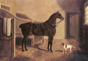 A Favorite Coach Horse and Dog in a Stable by John Frederick Herring Snr