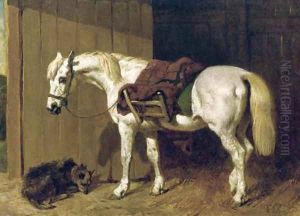 A Grey Pony with a Dog by Stable Door by John Frederick Herring Snr