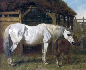 A Grey Mare and Chestnut Foal by a Stable 1853