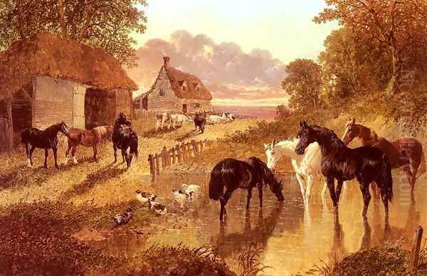 The Evening Hour - Horses And Cattle By A Stream At Sunset - view 1