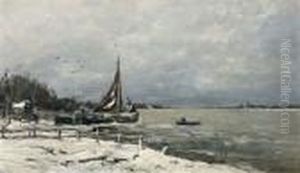 Winters Rivierlandschap Met Boten Aan De Oever Winters Rivierlandschap Met Boten Aan De Oever