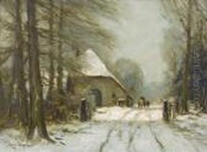 Winterliche Landschaft Mit Waldweg Und Gehoft.