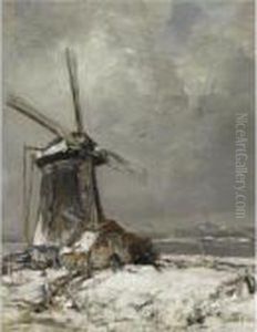 A Windmill In A Snow Covered Landscape by Louis Apol
