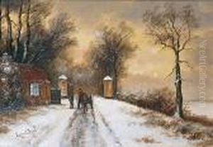 Charrette Sur Le Chemin Enneige Pres Du Fleuve by Louis Apol