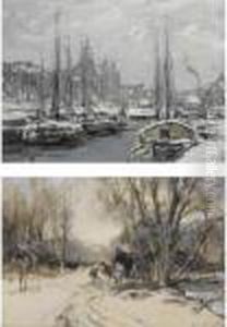 A Horse And Cart In A Snow Covered Landscape; Snow Covered Boats In Amsterdam (a Pair)