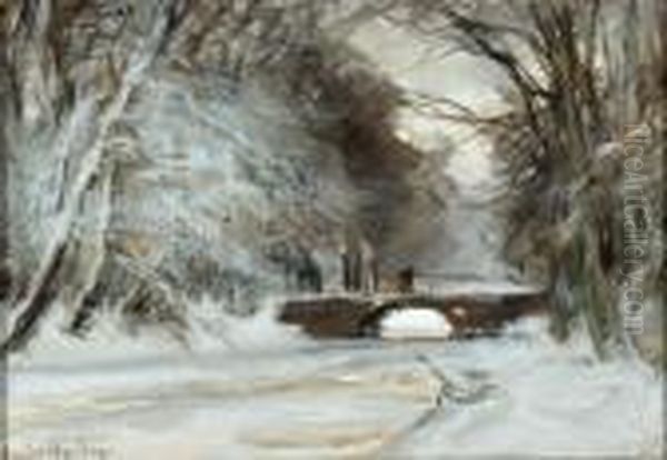 A Figure On A Bridge In A Winter Landscape - view 1