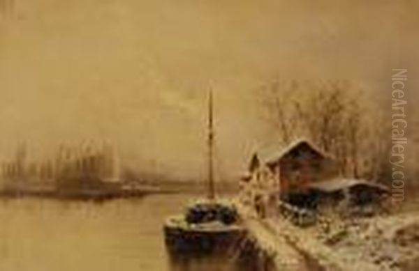 Dutchwinter River Scene With Moored Barges - view 1