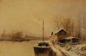 Dutchwinter River Scene With Moored Barges by Louis Apol