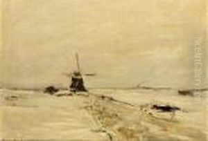 Windmill In A Snow Covered Landscape by Louis Apol