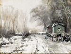 Winter Landscape With Horses And Wagons Along A Road by Louis Apol