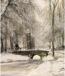 A View Of A Bridge In A Winter Landscape by Louis Apol