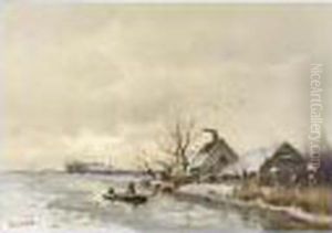 A Winter Landscape With Farm Houses Along A Waterway by Louis Apol