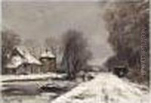 A Winter Landscape With A Figure By A Drawbridge