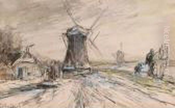 A Polder Landscape With Windmills In Winter Time - view 1