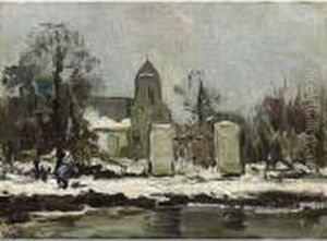 A Winter Landscape With A Figure Walking Along A Canal thumbnail