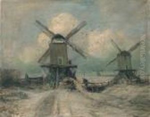 Windmills In An Extensive Winter Landscape by Louis Apol