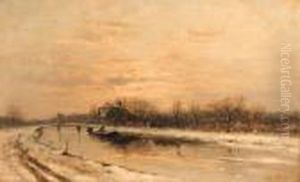 Winter: An Orchard Alongside A Canal With A Farmhouse In Thedistance At Dusk