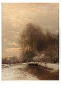 A Winter Landscape With A Peasant Woman And A Child On A Snowy Pathat Sunset by Louis Apol