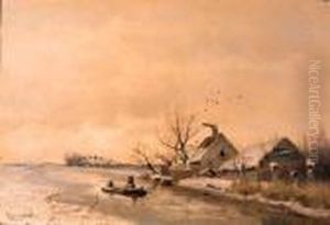 Farms Along A Canal In Winter by Louis Apol