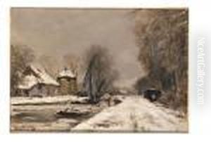 A Winter Landscape With Houses Along A Frozen Canal by Louis Apol
