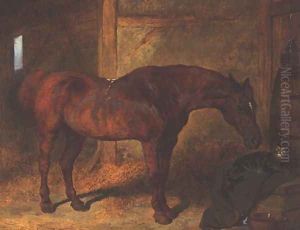 Chestnut Hunter &amp; Cat in Stable by John Frederick Herring Snr