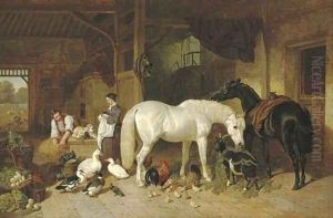 A barn interior with figures and livestock by John Frederick Herring Snr