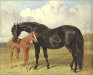 A mare and foal in a landscape by John Frederick Herring Snr