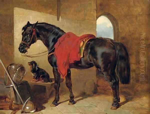 The cavalier's charger, saddled and draped with a crimson cloth, a King Charles spaniel with a blue bow around its neck, a cuirass - view 1