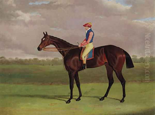 Bessy Bedlam, a brown racehorse with Tommy Lye up, in a landscape - view 1
