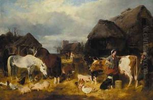 A farmyard scene with milkmaid and a farm labourer by John Frederick Herring Snr