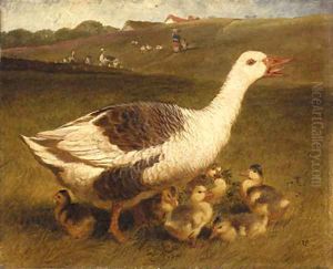 A Goose and Goslings by John Frederick Herring Snr