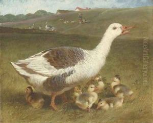 A goose and goslings in a landscape, figures beyond by John Frederick Herring Snr