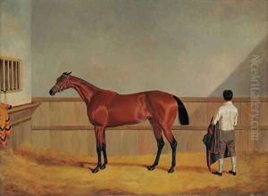 Matilda, a bay racehorse with her groom in a loosebox by John Frederick Herring Snr