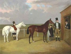 Vespa, a brown filly, held by her owner, Sir Mark Wood, Bt., her trainer seen leaning on a stable door, and a groom with a grey pony in attendance by John Frederick Herring Snr