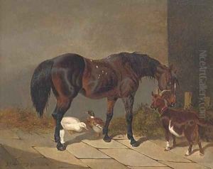 A bay horse with a goat and ducks by John Frederick Herring Snr