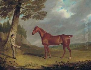 A chestnut hunter and a groom in a landscape by John Frederick Herring Snr