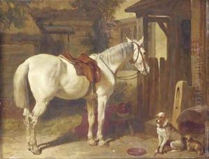 A saddled grey pony and dogs outside an inn by John Frederick Herring Snr