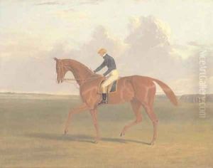 Colonel Peel's chestnut filly Vulture, with jockey up, on Newmarket Heath by John Frederick Herring Snr