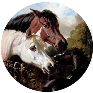 Two Horses with a Foal, by a Fence by John Frederick Herring Snr