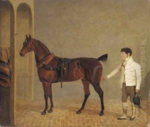A carriage horse and groom in a stable by John Frederick Herring Snr