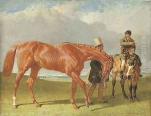 Bribery held by Alec Taylor Sen. (her trainer), the jockey Nat Flatman on a hack, Winchester racecourse beyond by John Frederick Herring Snr