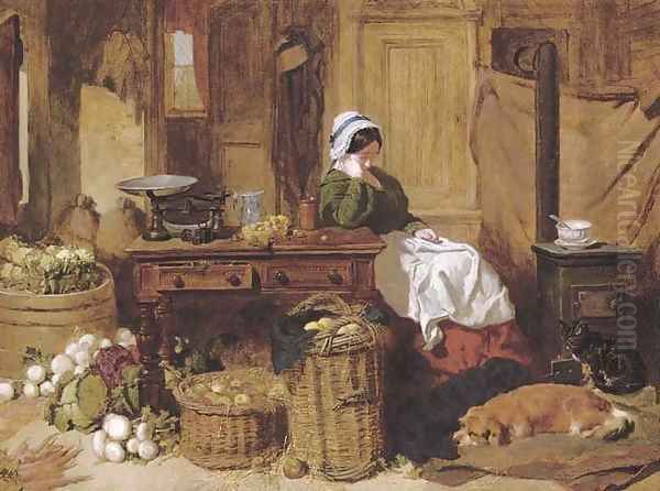 Jennie asleep at a kitchen table, surrounded by fruit and vegetables, with two dogs and a cat in front of the stove at her feet - view 1